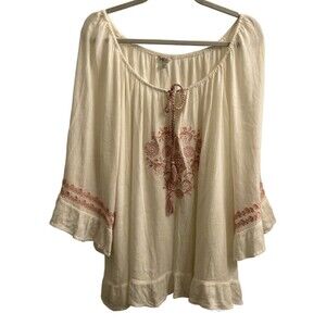 Cato Women's Embroidered Gauze Lace Up Top Plus Size 26/28W Peasant Boho Cream